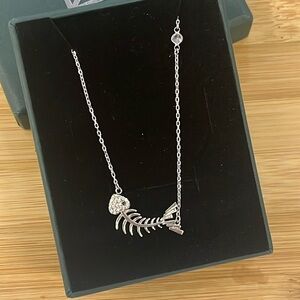 Brand New Sterling Silver 18" Fish Necklace Heart Pave Crystals 925 Stamped